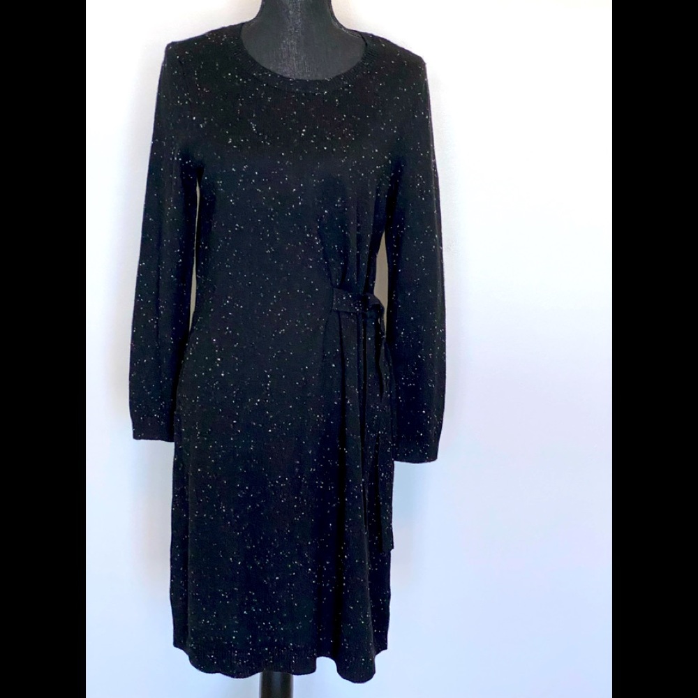 Talbots NWT black tweed crew neck long sleeve midi sweater dress size medium